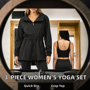 Ensemble 3 pièces pour femme : veste longue zippée, legging taille haute et ensemble de yoga, couleur unie, séchage rapide, Spandex/Nylon, impression par transfert thermique - Vente en gros usine 036 - Product Image 2