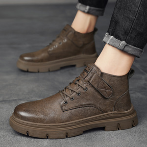 Bottes Martin pour hommes, hauteur de la cheville, bout rond, dessus en cuir, semelle extérieure en caoutchouc, à lacets, antidérapantes, couleur unie, usage décontracté - Product Image 1