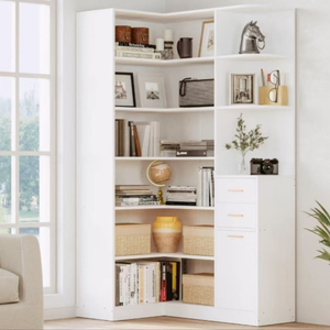 Estantería de esquina de 76 de altura, 6 niveles, en forma de <span class=keywords><strong>L</strong></span>, con 10 Estantes abiertos, 2 cajones de almacenamiento para sala de estar, hogar y oficina - Product Image 3