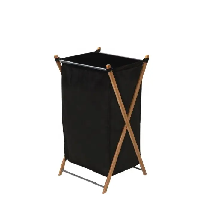 Household Collapsible Bamboo X-Frame Laundry Hamper with Black Canvas Bag