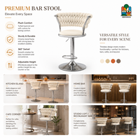 Tabouret de bar moderne en tissu peluche crème tressé, dossier semi-circulaire, avec piétement hydraulique chromé et repose-pieds en forme de D