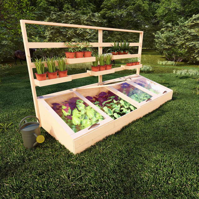 Outdoor Rectangular Wooden Elevated Garden Bed, Elevated Wooden Planting Box Flowers, Vegetables with a Greenhouse