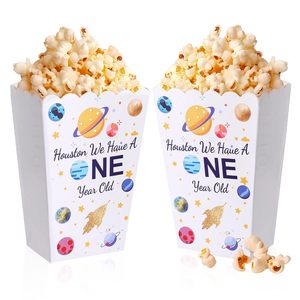 6 uds caja de dulces de papel Goodie astronauta galaxia espacio fiesta de cumpleaños Favor tratar caja de palomitas de maíz laminación brillante un año de edad - Product Image 1
