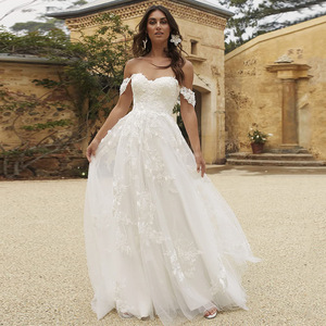 Off The Shoulder Strapless Ivory White Wedding Dress A Line Chiffon With Embroidery Floral Print Natural Waistline - Product Image 3