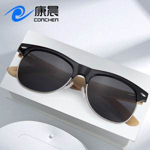 Gafas de sol clásicas retro de media montura con marco negro, lentes TAC con protección UV400, unisex, con patillas de madera de bambú, para conducir, viajar y estar a la moda. - Product Image 4