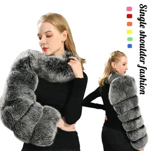 Winter RU Women's Coats Fur Coats Long Sleeve Stand Neck Single Shoulder Pullover Bubble Halter Cuff Supper Soft