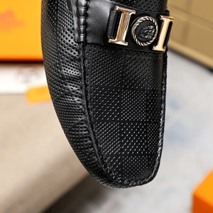 Mocasines de cuero a cuadros negros con hebilla metálica, zapatos casuales sin cordones para conducir para hombre, hermessing - Product Image 6