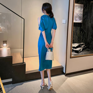 Abito longuette estivo con spalle scoperte abito Casual da <span class=keywords><strong>donna</strong></span> <span class=keywords><strong>blu</strong></span> colletto rovesciato abito Midi con spacco alto Vestidos - Product Image 2