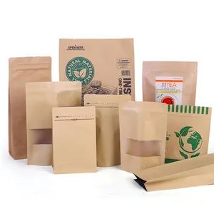 도매 사용자 정의 인쇄 생분해 성 친환경 퇴비화 재활용 플랫 바닥 지퍼 잠금 크래프트 종이 커피 가방