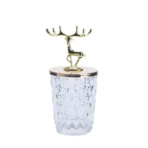 SCIEC 160毫升透明花式圆形底蜡烛罐，带金色驯鹿金属盖，用于家居装饰