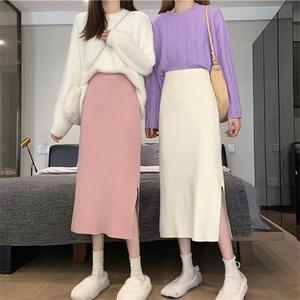 Automne mode tricot jupes longues pour femmes taille élastique fendu jupe crayon coréen décontracté élégant doux Harajuku tricot rose jupe - Product Image 3