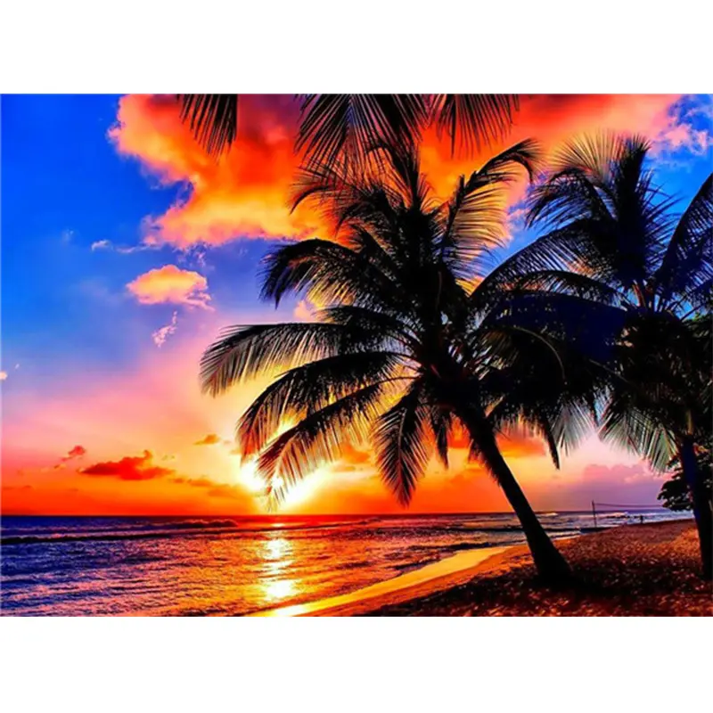 Hot Selling Diamond Painting Landscape Mosaic Sea Seaside Sunset coconut tree Cross Stitch Custom Living Room Decor