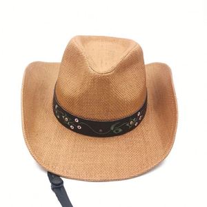 Straw Cowboy <b>Hat</b> with Embroidered Band Western Style Wide Brim Sun <b>Hat</b> <b>for</b> Outdoor - Product Image 2