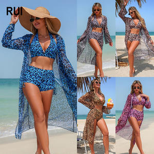 RUIQUWIN Maillot de bain 3 pièces personnalisé pour femme, sexy, imprimé floral léopard, avec chemise à manches longues, séchage rapide, pour vacances et plage - Product Image 1