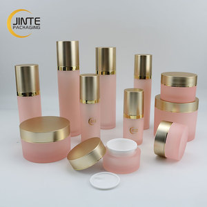 New Color Acrylic Frosted Pink Double wall Plastic Jar and Acrylic Bottle with Matte gold color cap for Cosmetics Sets