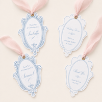 Étiquettes personnalisées découpées sur mesure en papier fantaisie pour mariage, cadre vintage, ruban en mousseline, œillet doré, estampage à chaud, noms personnalisés