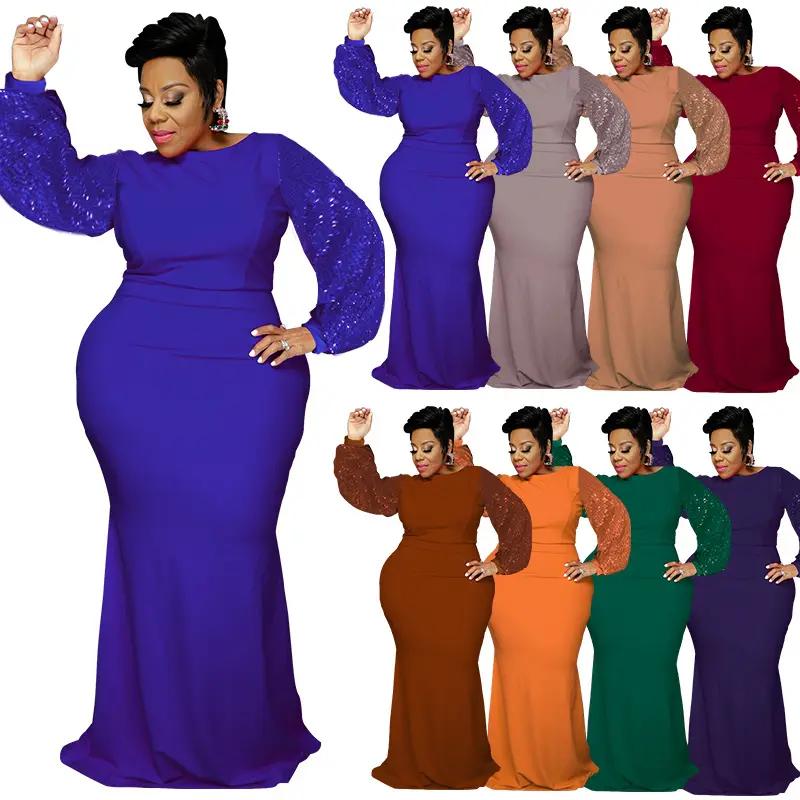 Sharee New Long Sleeve Church Plus Size Women's Dresses Formal Sequins Dress for Black Women