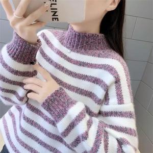 Suéter de punto grueso para mujer, cálido, holgado, de manga larga, con <span class=keywords><strong>cuello</strong></span> alto y rayas de piel, estilo dulce, para otoño e invierno - Product Image 4