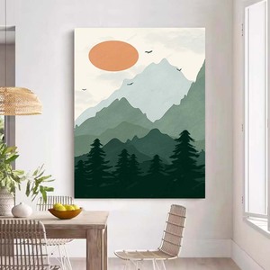 Pintura de montaña al atardecer con pájaros voladores-Tinta China paisaje lienzo arte Zen meditación decoración de pared para sala de estar - Product Image 3