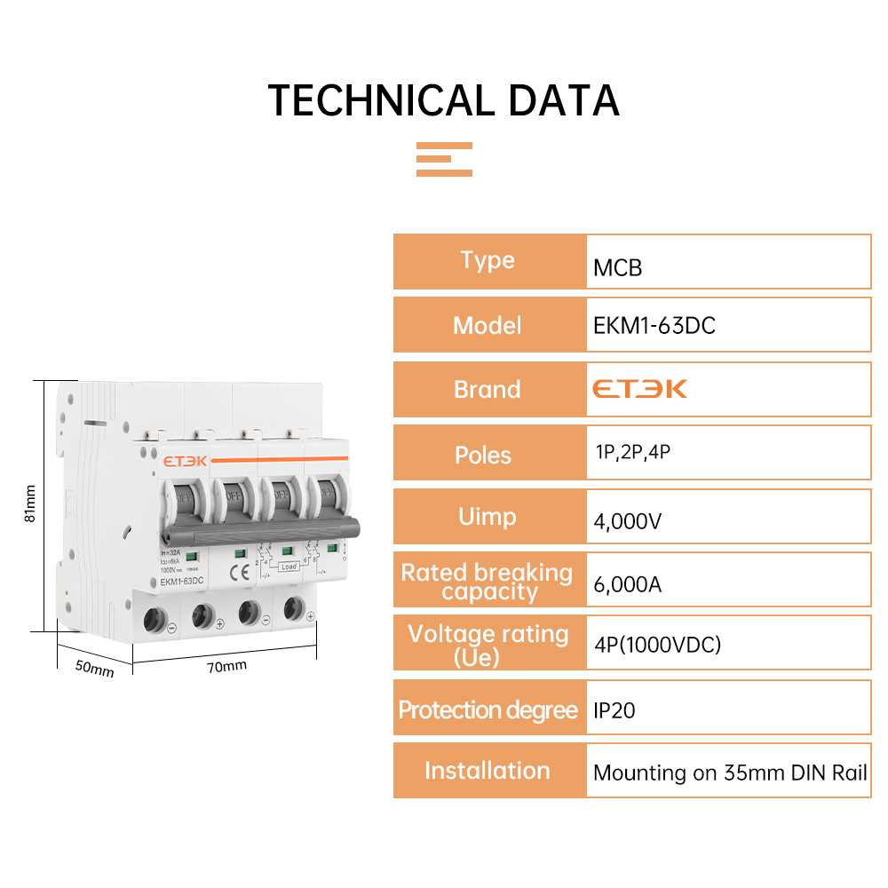 ETEK 1P/2P/4P DC 500V/1000V Mini Circuit Breaker 1-63A 6ka Solar MCB for PV System EKM1-63DC Miniature Circuit Breaker 250V · image 6