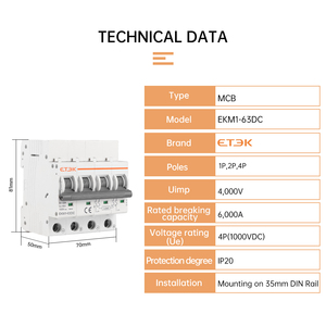ETEK 1P/2P/4P DC 500V/1000V <strong>Mini</strong> <strong>Circuit</strong> <strong>Breaker</strong> 1-63A 6ka Solar MCB for PV System EKM1-63DC Miniature <strong>Circuit</strong> <strong>Breaker</strong> 250V - Product Image 6