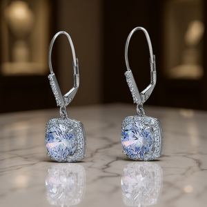 Orecchini Pendenti in Cristallo Bianco e Oro, Argento 925 Placcato Rodio, Montatura a Castone, Design Geometrico Classico, Gioielli da Sposa per Donna - Product Image 2