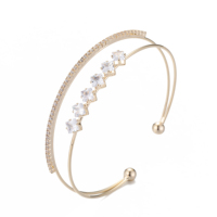Bracelet manchette ouverte double rangée plaqué or, pavé transparent de zircone colorée aléatoire, extrémités à billes réglables, bijoux de mariage et de fête