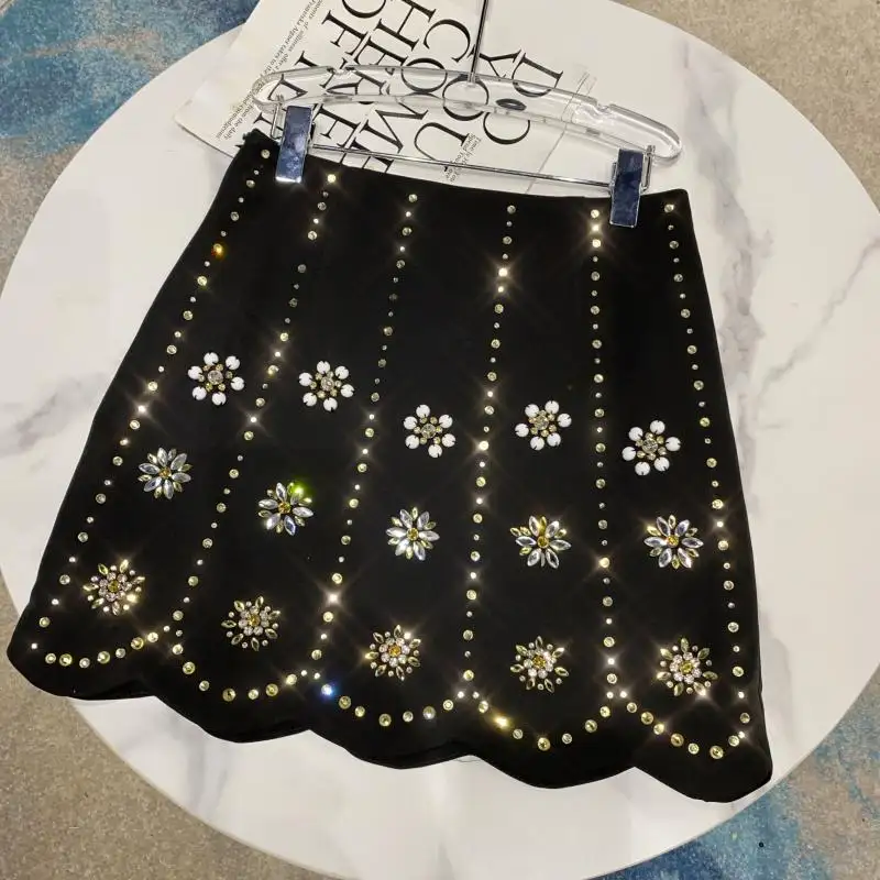 High Street Hand Made Diamond Beads Slim High Waist Skirt Ladies Fashion Rhinestone Flower A Line Skirts