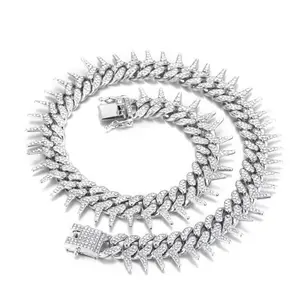 Spiked Cuban Chain Barb Wire Zinc Alloy Link Chain Iced Out Crystal Rhinestone Necklace Bracelet Hip Hop Jewelry