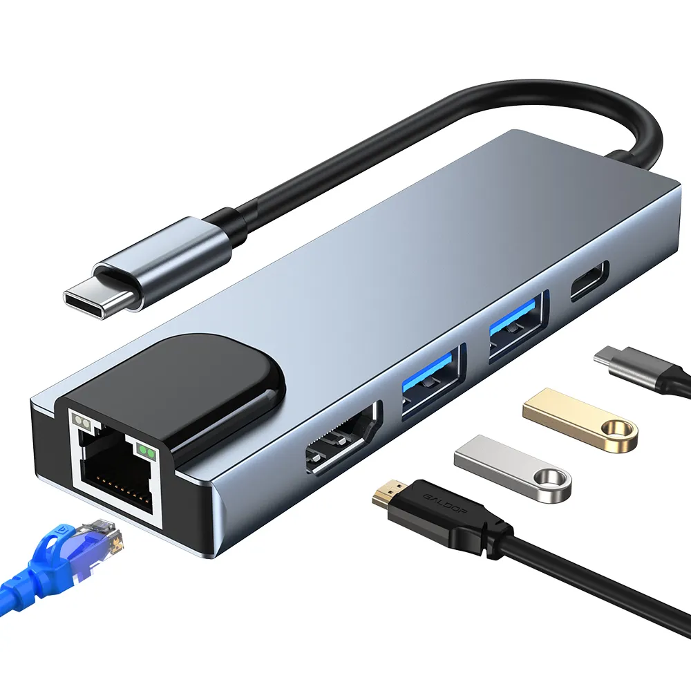 New 5 Ports USB C Hub With PD SD TF Card Reader USB 3.0 To Ethernet Hub Type C Adapter For Macbook Docking Station