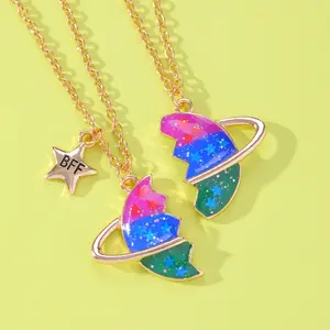 Desain terbaru kalung BFF untuk 2 paduan Planet Star BFF perhiasan magnetik kalung Glitter hadiah teman terbaik