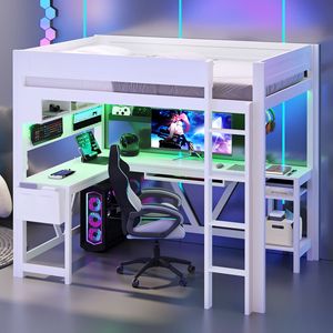 Lit mezzanine blanc pour gamer avec bureau, rangements et éclairage d'ambiance pour chambre à coucher - Product Image 2