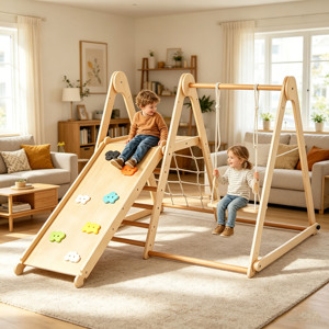 Estructura de Juego Interior de Madera con Tobogán y Columpio para Niños Pequeños, Diseño Geométrico, Unisex - Product Image 1