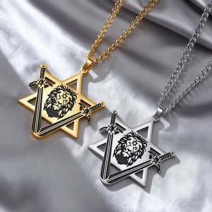 Collar Myshape Victory Swords con el <span class=keywords><strong>León</strong></span> de Judá y la Estrella de David, Cadena de Eslabones de Acero Inoxidable, Amuleto de Protección Judaico - Product Image 3