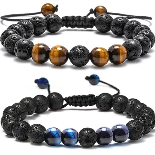 Hand-woven Black Agate Tiger Eye Beaded Bracelet Lava Rock Stone Turquoise Beads Adjustable Braided Rope Bracelet