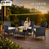 Ensemble de meubles de patio extérieur 4 pièces en rotin PE, canapé deux places, 2 fauteuils, table basse en verre noir, jardin