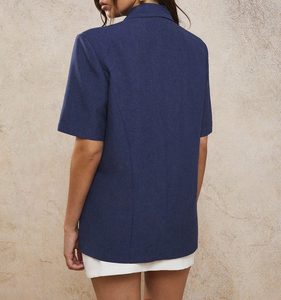 Veste de costume de bureau pour femme en lin mélangé <span class=keywords><strong>bleu</strong></span> <span class=keywords><strong>marine</strong></span>, coupe ample, col à revers, manches courtes, un seul bouton - Product Image 3