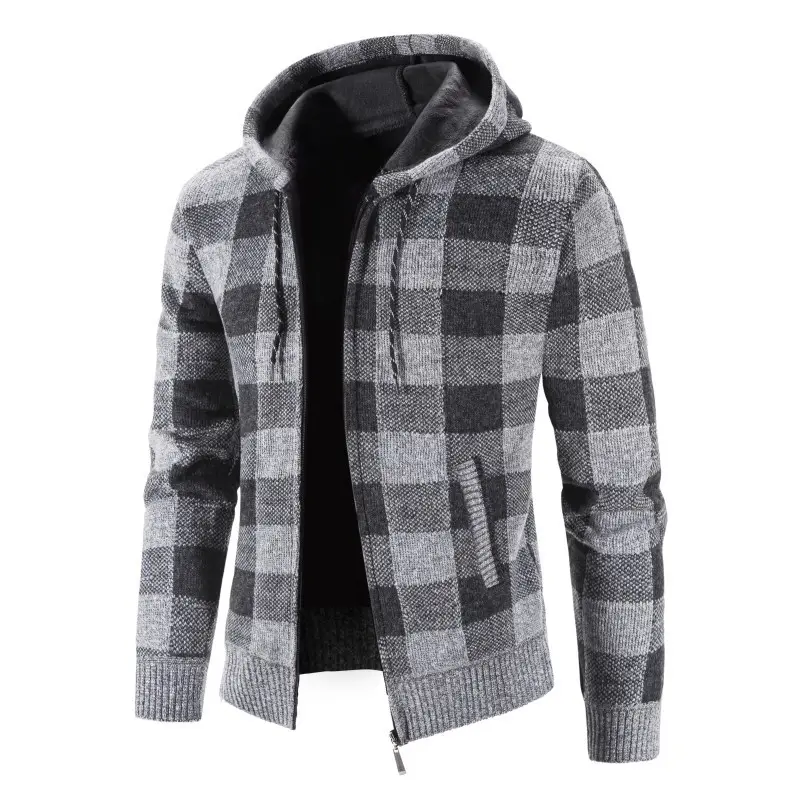 Factory wholesale 2022 new winter clothing plus velvet thick plaid sweater plus size men's hooded cardigan sweater jacket