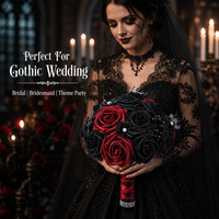 Bouquet de mariée artificiel gothique pour Halloween avec roses en satin noir et décorations en strass, idéal pour mariage, cosplay, fête, photo, fleur artificielle