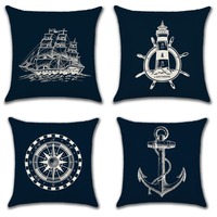 Housse de coussin de canapé en lin 45x45cm, motif ancre et boussole, style marin européen, décoration d'intérieur