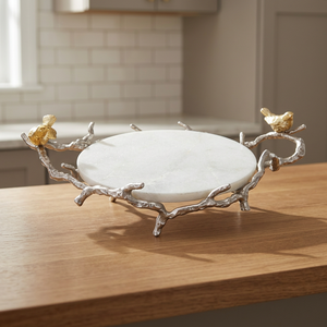Bandeja Decorativa Ovalada de Metal con Marco de Ramas Plateadas y Pájaros Dorados, Diseño Rústico - Product Image 6