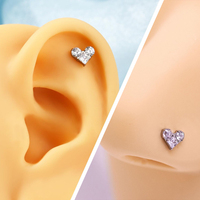Piercing d'oreille en titane ASTM F136 avec zircone cubique taille cœur, gemme multicolore, filetage interne, dos plat, pour cartilage, hélix, tragus