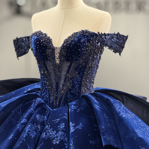 Robe de Quinceañera élégante en mousseline bleu marine Dy1513, taille naturelle, corset cœur, appliques de sequins, robe bouffante à volants, nœud superposé - Product Image 5