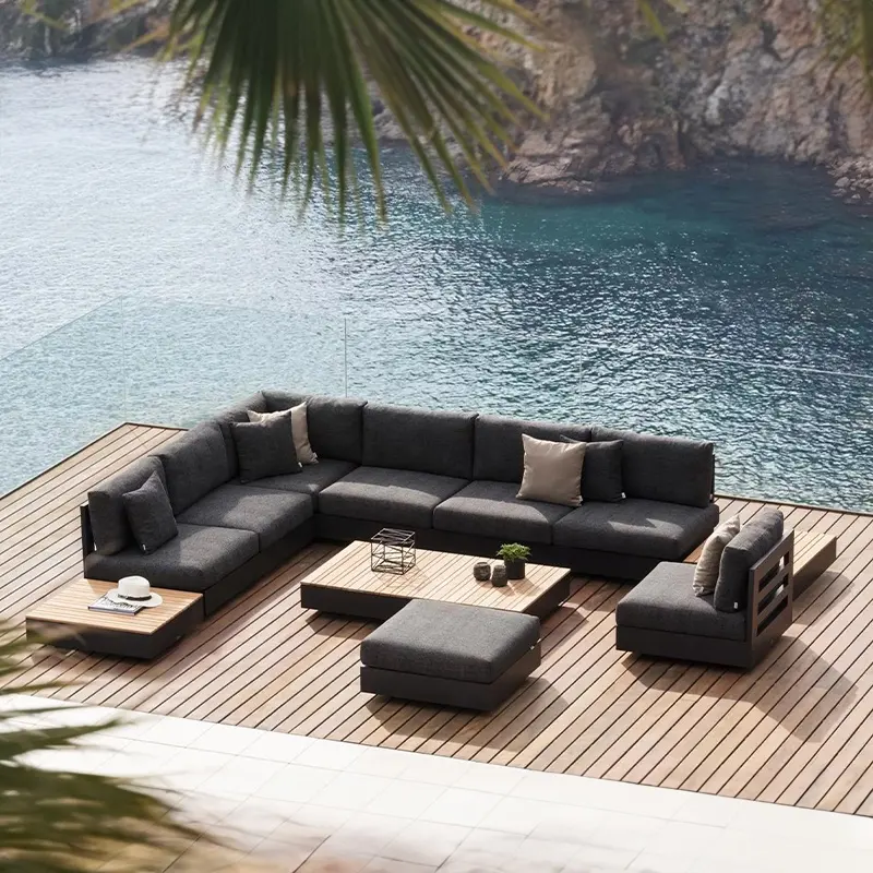 Muebles de exterior de aluminio Villa jardín sofá conjunto Hotel Patio junto a la piscina teca L sofá seccional sofá de aluminio al aire libre