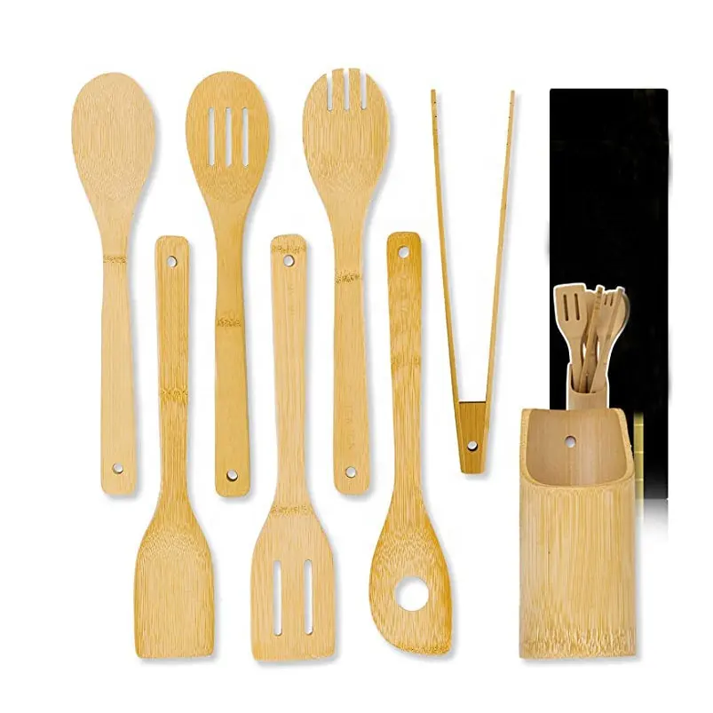 Оптовая продажа, кухонные инструменты, бамбуковый шпатель с прорезью, горшок, Бамбуковая ложка, набор для приготовления пищи