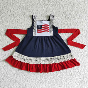 Robe décontractée écologique pour bébé fille, broderie drapeau USA, boutique, dentelle à volants avec nœud rouge au dos, vente en gros pour le 4 juillet - Product Image 6