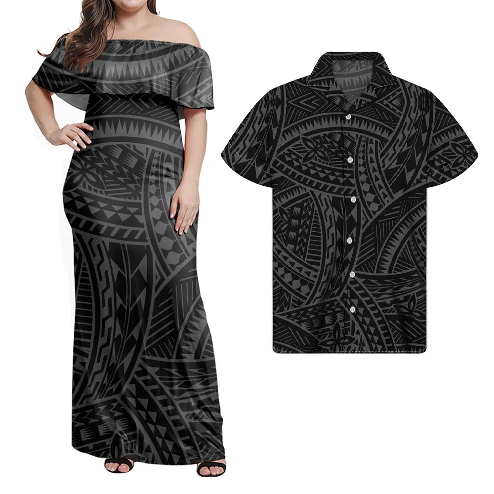 फैक्टरी मूल्य पोलेनीशियाई सामोन जनजाति काले प्रिंट लड़की महिलाओं के बंद-कंधे पोशाक के साथ शर्ट युगल पहनें 2 टुकड़ा सेट