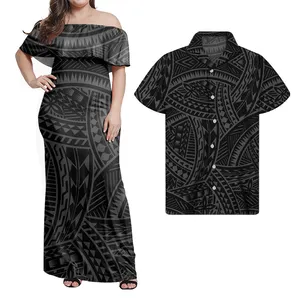 سعر المصنع البولينيزية ساموا القبيلة الأسود طباعة فتاة المرأة خارج على الكتف اللباس مع قميص زوجين ارتداء 2 قطعة مجموعة