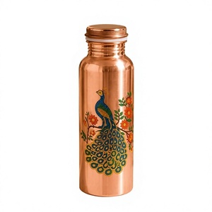 luxury design Hand Painted Peacock Copper Water <b>Bottle</b> with Lid Portable Vintage Travel Flask - Product Image 1