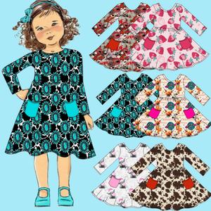 Robe t-shirt à manches longues pour filles printemps automne imprimés personnalisés vaches fraise balançoire robes décontractées avec poches 3-14 ans - Product Image 1